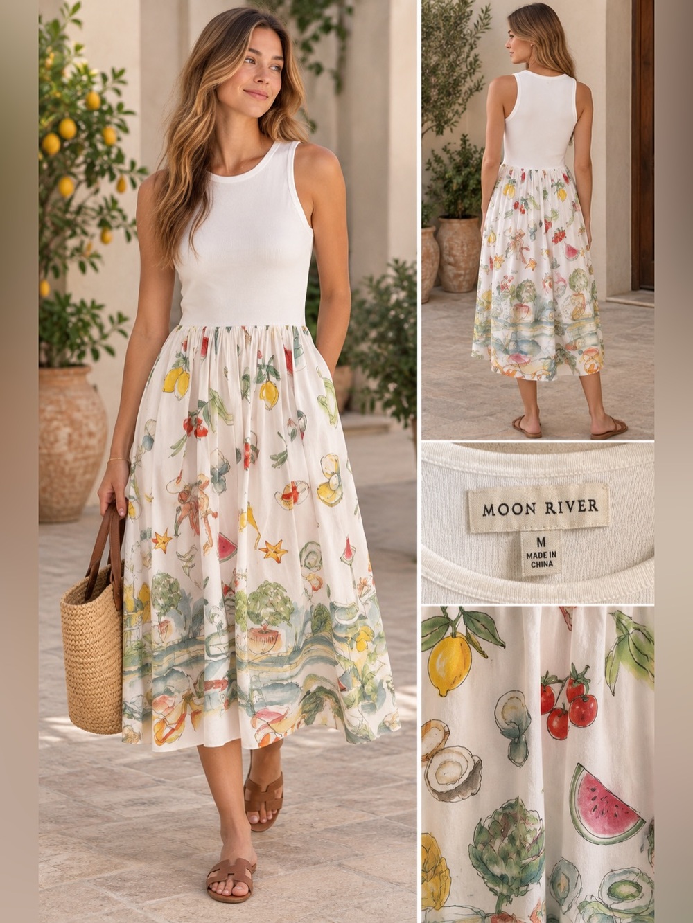 Moon River White Fruit & Vegetable Print Midi Dress Size Medium